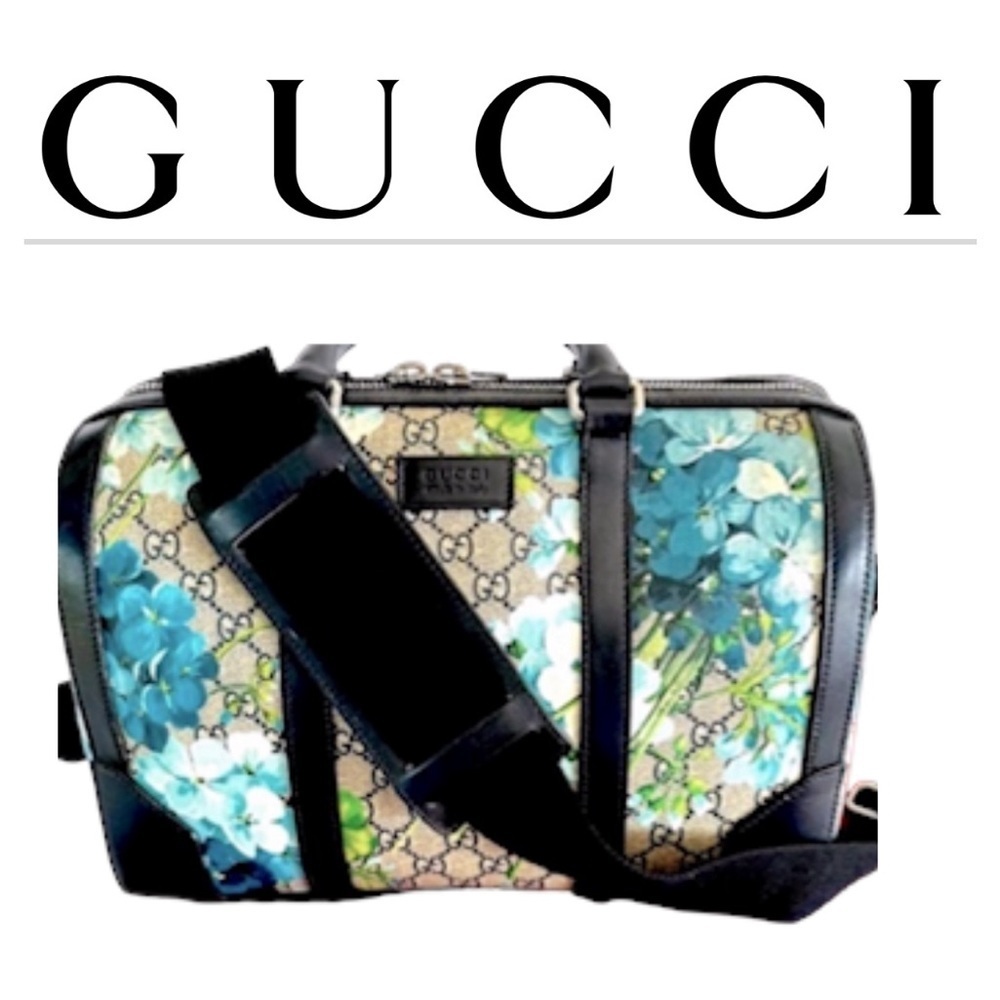Gucci RARE! Supreme GG Large Signature Blue Blooms on Monogram Boston Satchel